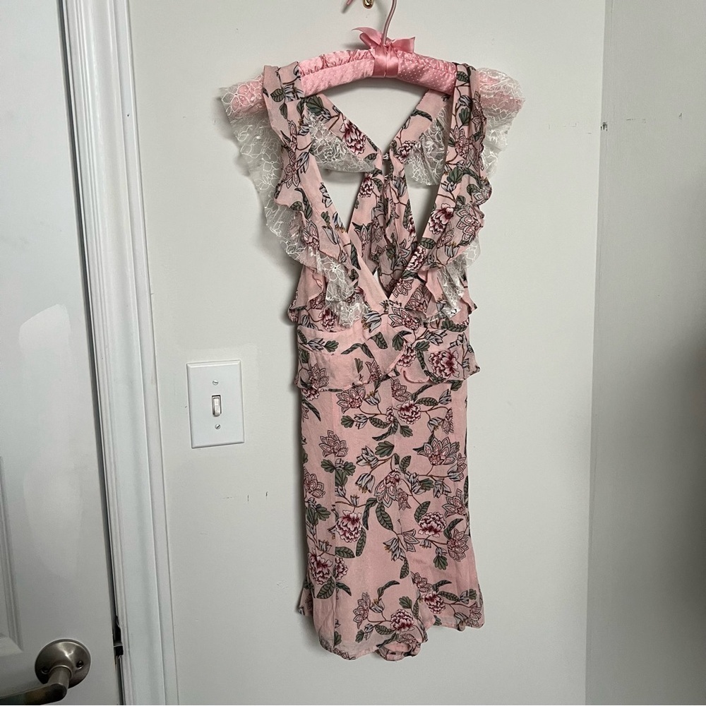 For Love & Lemons Pink Floral Lace Romper | Romantic Ruffle Mini XS - Picture 5 of 8